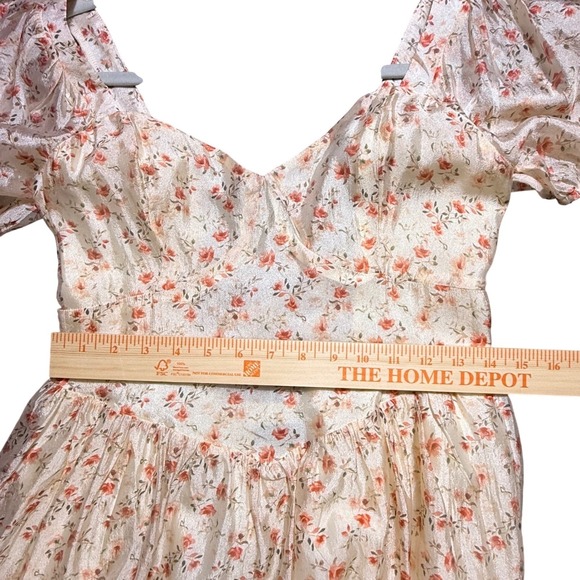 Lulus Floral Puff Sleeve Lace Up Back Midi Dress Womens M Ivory Cottagecore - Picture 6 of 16